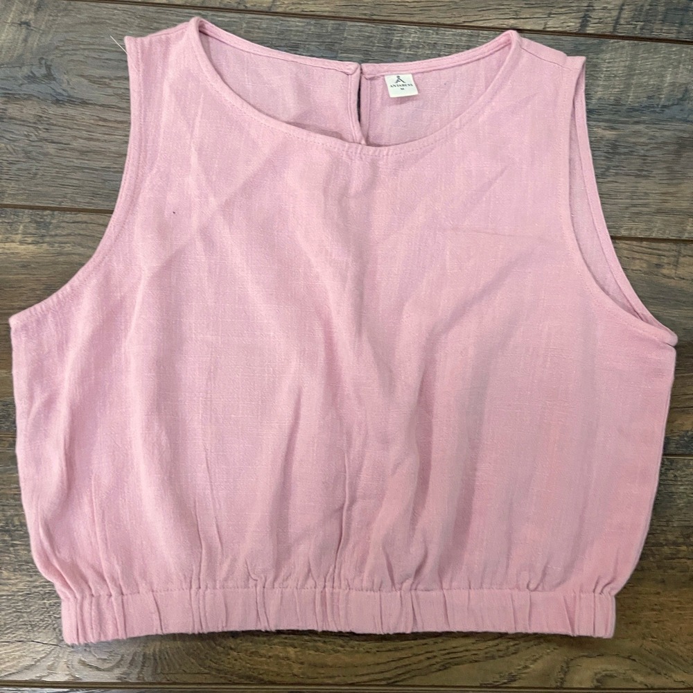 Anrabess Pink Sleeveless Crop Top Elastic Hem Keyhole Back Medium Coquette Linen